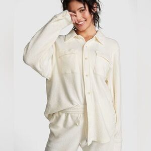 PINK Victoria's Secret Reverse Fleece Shacket Oversized Cream Relax Fit Women L